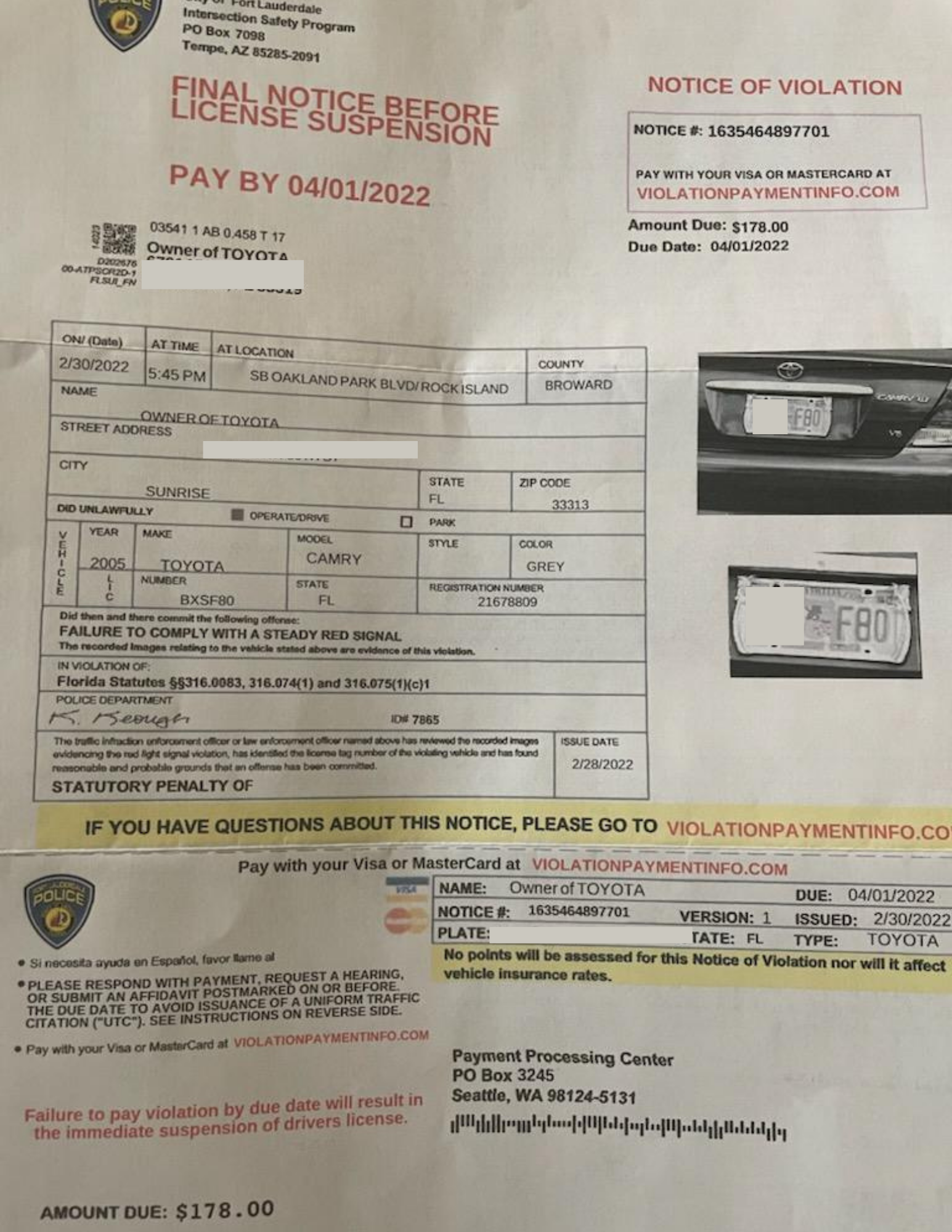 Red Light Camera Ticket Scam