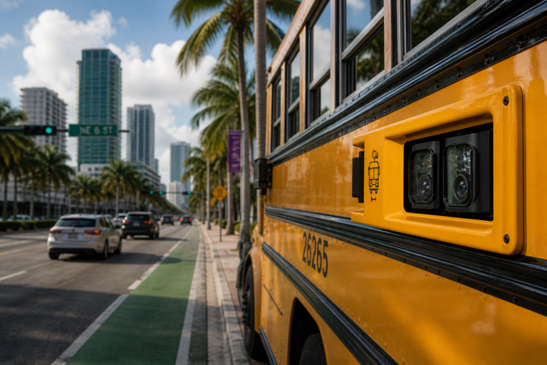 this image shows a bus camera system that tickets drivers on a miami school bus