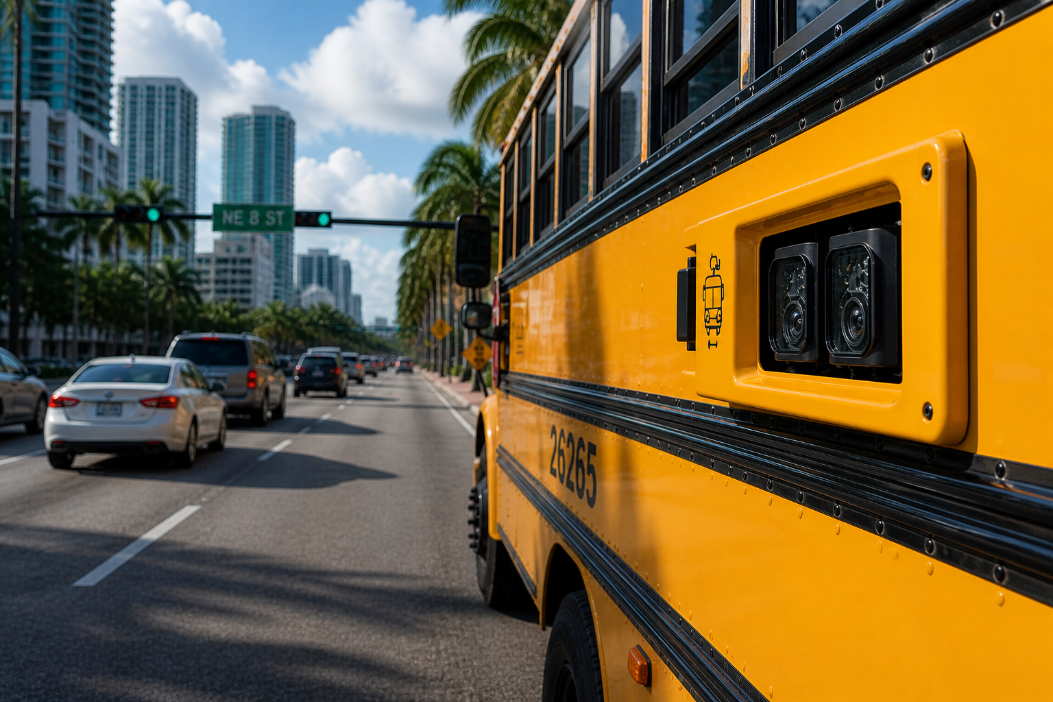 this image shows a school bus in miami with a camera system designed to catch traffic violators
